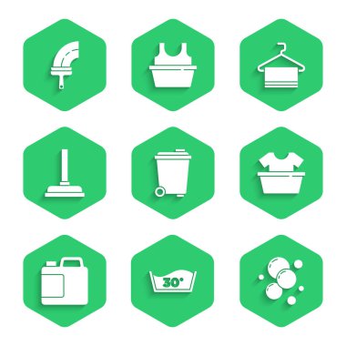 Çöp tenekesi, Sıcaklık Yıkama, Sabun Su Kabarcıkları, Gömlekli Havuz, Temizlik için bir şişe, Lastik Pompa, Askıda Havlu ve Temiz Pencere Simgesi. Vektör