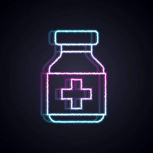 Linea Neon Incandescente Bottiglia Medicina Pillole Icona Isolata Sfondo Nero — Vettoriale Stock