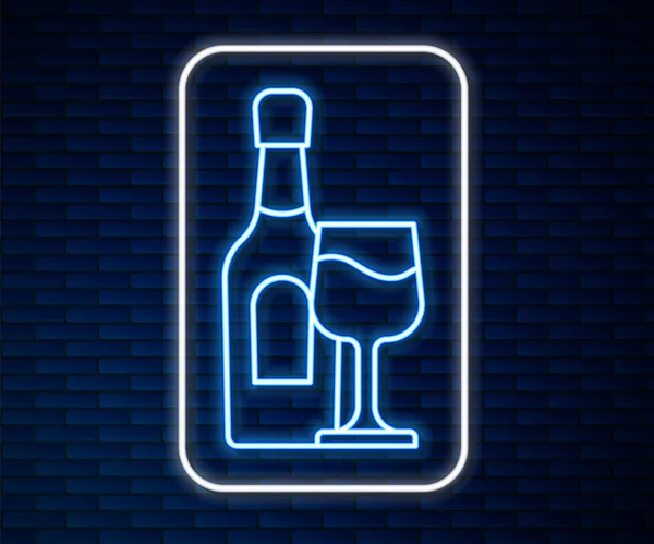 Glowing Neon Line Wine Bottle Glass Icon Isolated Brick Wall — Stock Vector