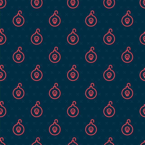 Red line Nuclear bomb icon isolated seamless pattern on black background. Rocket bomb flies down.  Vector