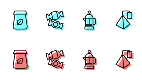 Set Line French Press Tea Packaging Candy Bag Icon Vector — Stock Vector