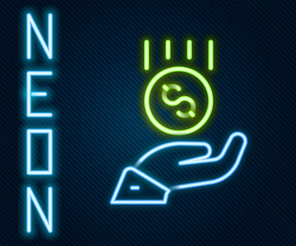 Glödande Neon Line Mynt Till Hands Minimilön Ikon Isolerad Svart — Stock vektor
