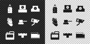 Boya, guaj, kavanoz, boya, sprey başlık, kalem eklentisi, kağıt yapıştırıcı, lastik eldiven ve simge. Vektör