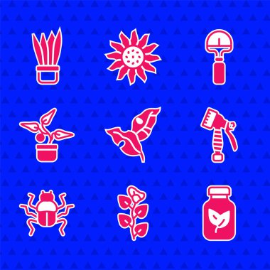 Tropik yapraklar, sarmaşık dalı, gübre şişesi, su spreyi, böcek, saksıda bitki, kürek ve ikon. Vektör