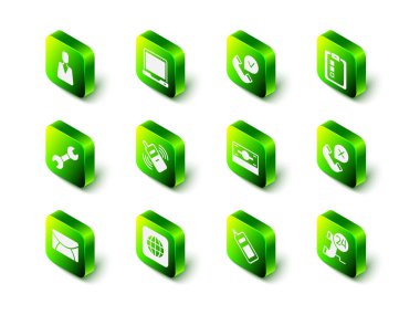 Dizüstü bilgisayar, telefon ahizesi, çevrimiçi sınav, test, inceleme, cevapsız arama, 24 saatlik destek, yığın kağıt para, cep telefonu ve dünya çapında simge. Vektör