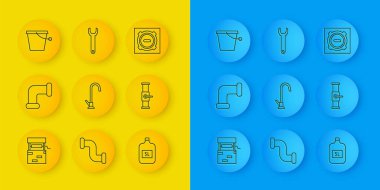 Hat tamam, endüstriyel metalik boru, su musluğu, temiz suyla dolu büyük şişe, ve valf, Kova, kanalizasyon kapağı ve İngiliz anahtarı ikonu. Vektör