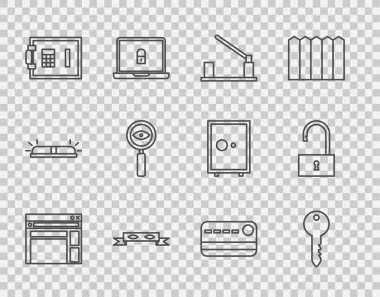 Web sitesi şablonu, anahtar, park arabası bariyeri, hırsız göz maskesi, güvenli büyüteç araması, kredi kartı ve açık asma kilit simgesi ayarla. Vektör