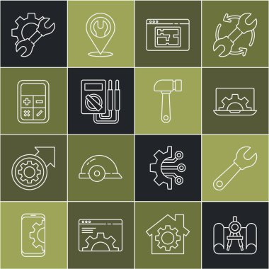 Çizgi çizelge kağıdı ve pusulayı, İngiliz anahtarını, laptop takımını, ev planını, Multimetreyi, hesap makinesini ve çekiç simgesini ayarla. Vektör