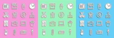 Satır Push pin, Full çöp kutusu, Binder klipsi, Kaktüs ve sulu tencere, Takvim, Makas, Telefon ve CD DVD disk simgesi. Vektör