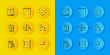 Dağıtım listesi panosu, dünya çapında sevkiyat ve kutu, posta, teslimat izleme, dolar sembollü zarf, Gear tekerleği paketi ve karton ikon simgesi tasdik et. Vektör