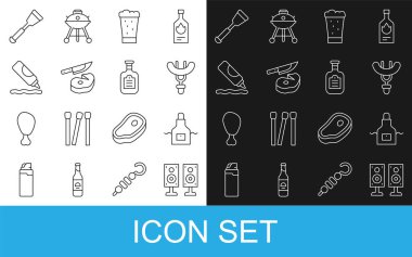 Stereo hoparlörü, mutfak önlüğü, sosis çatal, bir bardak bira, biftek eti ve bıçak, ketçap şişesi, Spatula ve sos ikonu. Vektör