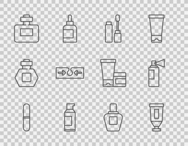 Tırnak törpüsü, krem ya da losyon kozmetik tüpü, Mascara fırçası, saç spreyi, parfüm, sivilce ve ikon için sprey kutusu ayarla. Vektör