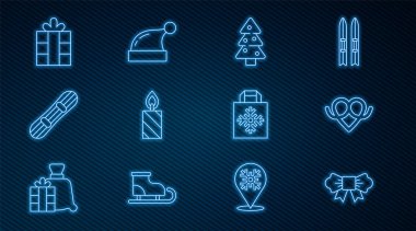 Papyon, simit, Noel ağacı, yanan mum, kar tahtası, hediye kutusu, alışveriş çantası ve Noel Baba şapkası ikonu. Vektör