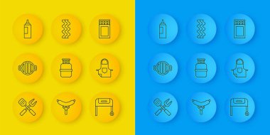 Hattı çapraz çatal ve spatula, barbekü ızgarası, propan benzin deposu, mutfak önlüğü, sos şişesi, kibrit kutusu kibriti ve pastırma şeridi ikonu. Vektör