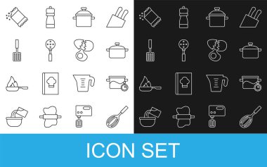 Mutfak çırpısı, yemek pişirme kabı, Spatula, barbekü spatulası, bir paket biber ve kırık yumurta ikonu. Vektör