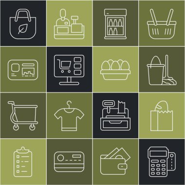 Hat POS terminalini kredi kartıyla, kağıt torba ekmek somunu, paspas ve kova ile, ticari buzdolabı, bilgisayardaki alışveriş arabası, kimlik kartı, geri dönüşüm ve tavuk yumurtası ikonu ile ayarla. Vektör