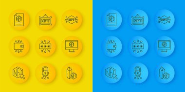 NFT dijital şifreleme sanatı, kripto para birimi cüzdanı, siber güvenlik, mağaza uygulaması, sözleşmesi ve simgesi olan monitör hattını ayarla. Vektör