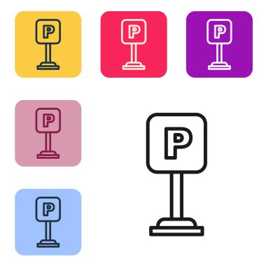 Beyaz arkaplanda siyah çizgi park simgesi izole edildi. Sokak tabelası. Renkli kare düğmelerle simgeleri ayarla. Vektör.