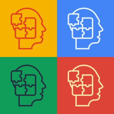 Pop Art Line İnsan kafası, renk arkaplanında izole edilmiş strateji simgesini şaşırttı. Beyin işaretini düşünüyorum. Beynin sembol çalışması. Vektör.