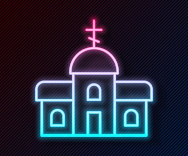 Parlayan neon hattı kilise binası simgesi siyah arka planda izole edildi. Hıristiyan Kilisesi. Kilisenin dini. Vektör.