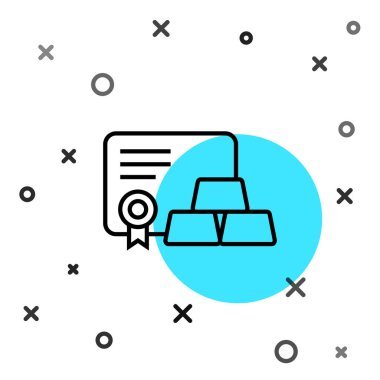 Beyaz arkaplanda sertifika simgesi olan siyah çizgi altın çubukları. Bankacılık işi konsepti. Rastgele dinamik şekiller. Vektör