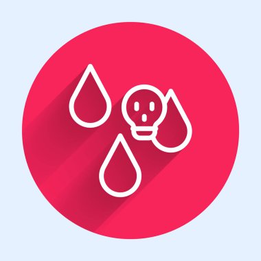 Beyaz çizgi asit yağmuru ve uzun gölge arkaplan izole edilmiş radyoaktif bulut simgesi. Zehirli hava kirliliğinin çevre üzerindeki etkileri. Kırmızı daire düğmesi. Vektör