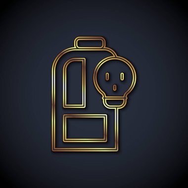 Zehirli sıvı ikonu olan altın çizgili laboratuvar kimyasal deney şişesi siyah arka planda izole edilmiş. Biyolojik tehlike sembolü. Radyasyon ikonu olan tehlikeli bir sembol. Vektör