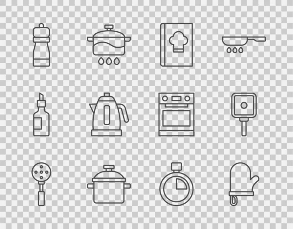 采购产品设置线稻草人 烤箱手套 烹调本 电水壶 停止手表和煎锅图标 — 图库矢量图片