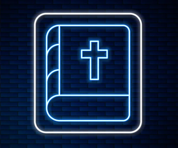 Glowing Neon Line Holy Bible Book Icon Isolated Brick Wall — Stock Vector