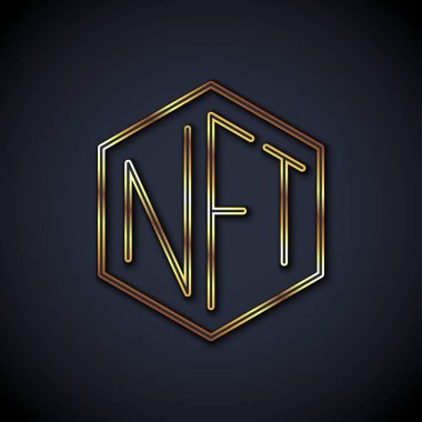 Siyah arkaplanda izole edilmiş altın çizgi NFT Dijital Şifreleme Sanatı ikonu. Para iadesi olmayan jeton. Vektör