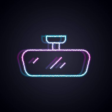 Parlak neon çizgili araba aynası ikonu siyah arkaplanda izole edildi. Vektör
