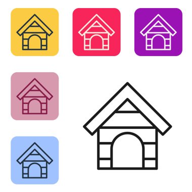 Beyaz arka planda siyah çizgi köpek evi simgesi izole edildi. Köpek kulübesi. Renkli kare düğmelerle simgeleri ayarla. Vektör