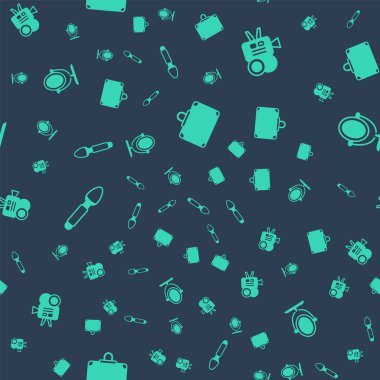 Çanta, Retro sinema kamerası, gümüş kaşık ve yuvarlak makyaj aynasını kusursuz bir şekilde ayarla. Vektör