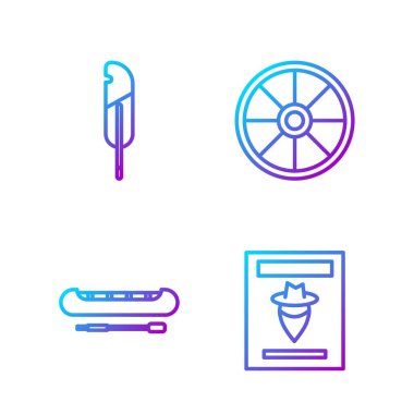 Batı tarzı poster, kano ya da kürek, tüy kalem ve eski tahta tekerlek aranıyor. Renk simgeleri. Vektör.