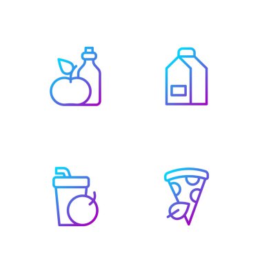 Vejetaryen pizza dilimi, taze smoothie, şişede elma sirkesi ve süt için kağıt paket. Renk simgeleri. Vektör