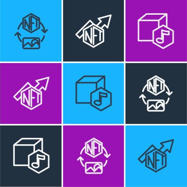 NFT dijital şifreleme sanatı ve büyüme çubuğu simgesini ayarla. Vektör
