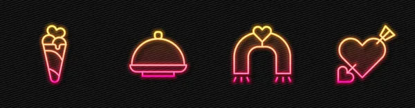 设置线爱情磁铁 雪糕在华夫饼锥形 覆盖托盘和动画心脏和箭头 发光的霓虹灯图标 — 图库矢量图片