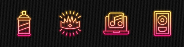 设定线笔记本电脑与音乐 油漆喷雾罐 王冠和光盘奖框架 发光的霓虹灯图标 — 图库矢量图片