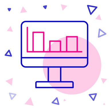 Grafik çizelgesi simgesi olan çizgi bilgisayar monitörü beyaz arkaplanda izole edildi. Metin dosyasını rapor et. Muhasebe tabelası. Denetim, analiz, planlama. Renkli taslak konsepti. Vektör.