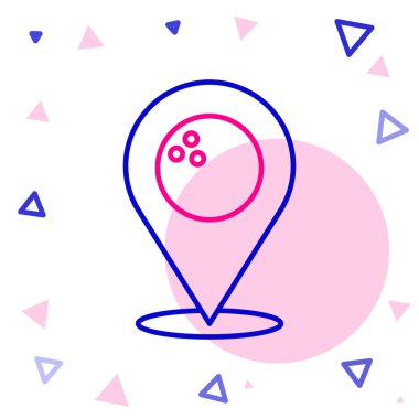 Beyaz zemin üzerinde bowling topu simgesi olan çizgi haritası işaretleyicisi. Spor malzemeleri. Renkli taslak konsepti. Vektör