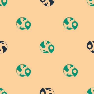 Dünya ikonundaki yeşil ve siyah konum bej arkaplandaki kusursuz deseni izole etti. Dünya ya da Dünya işareti. Vektör.