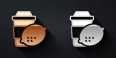 Siyah arka planda limon ikonu olan altın ve gümüş çay fincanı. Uzun gölge tarzı. Vektör