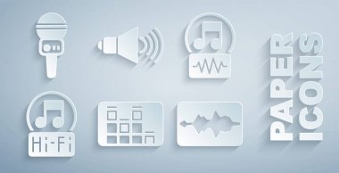 Müzik eşitleyicisini, notayı, tonu, dalgayı, hoparlör sesini ve mikrofon simgesini ayarla. Vektör