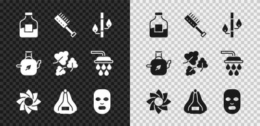 Bir şişe votka, sauna fırçası, bambu, çiçek, şapka yüz kozmetik maskesi, yapraklı çaydanlık ve meşe ikonu. Vektör