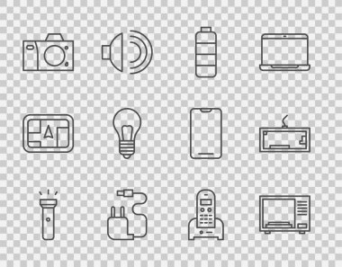 Hat el feneri, mikrodalga fırın, pil şarj seviyesi göstergesi, şarj aleti, fotoğraf makinesi, fikir, telefon ve klavye ikonlu ampul ayarlayın. Vektör