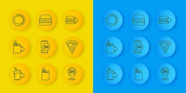 Online kahve fincanını hazır et, sipariş ve teslimat, Yemek, 24 saat servis, dilimlenmiş pizza, hamburger ve hamburger ikonu. Vektör
