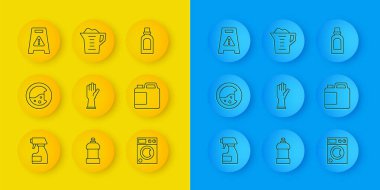 Hat temizleme sprey şişesi, çamaşır makinesi, lastik eldiven, temizlik malzemesi şişesi, ıslak zemin ve çamaşır yıkama tozu ikonu. Vektör