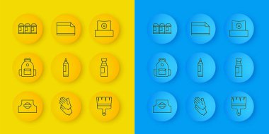 Hat spreyi kapağı, okul çantası, işaret kalemi, boya fırçası, sprey ve kağıt yapıştırıcı simgesi. Vektör