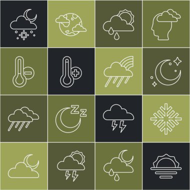 Gün Doğumu, Kar Tanesi, Ay ve yıldızlar, Yağmurlu Bulut, Meteoroloji termometresi, kar ve Gökkuşağı bulut simgesi. Vektör