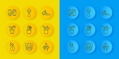 Hattı ayarla. Su püskürtme şişesi, saksıda çiçek, kaktüs peyoti, bitki asma, lastik eldiven, kırık ve kürek ikonu. Vektör